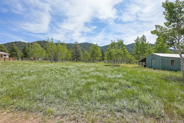 view of yard with an outdoor structure, a rural view, and a mountain view