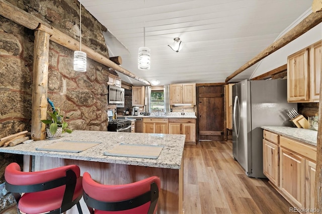 104 County Road 90, Allenspark, CO 80510 - kitchen featuring stainless steel appliances, light wood-style flooring, a peninsula, light brown cabinetry, and wooden ceiling