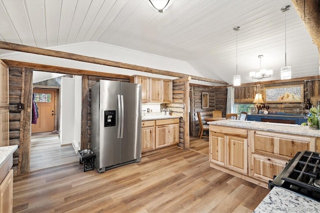 104 County Road 90, Allenspark, CO 80510 - kitchen with stainless steel fridge with ice dispenser, vaulted ceiling, log walls, range, and light brown cabinetry