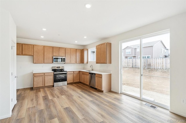 13402 E 110th Way, Commerce City, CO 80022 - kitchen featuring stainless steel appliances, light wood-style flooring, recessed lighting, and light countertops