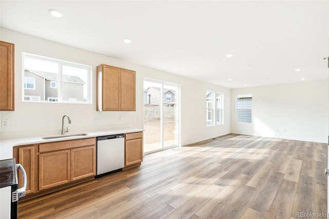13402 E 110th Way, Commerce City, CO 80022 - kitchen featuring dishwasher, range with electric stovetop, light wood finished floors, open floor plan, and light countertops