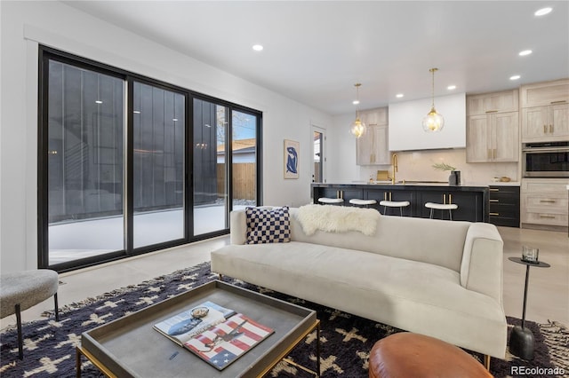 living room with light tile patterned flooring