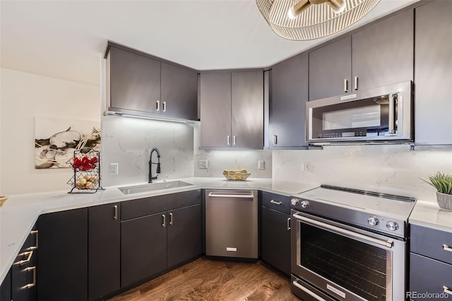 kitchen featuring dark wood-type flooring, sink, decorative backsplash, and stainless steel appliances