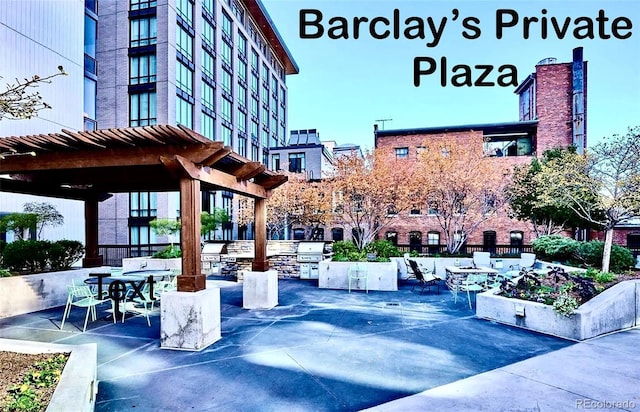 view of home's community with a pergola and a patio area