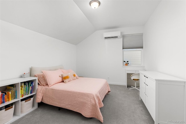 carpeted bedroom with an AC wall unit and vaulted ceiling