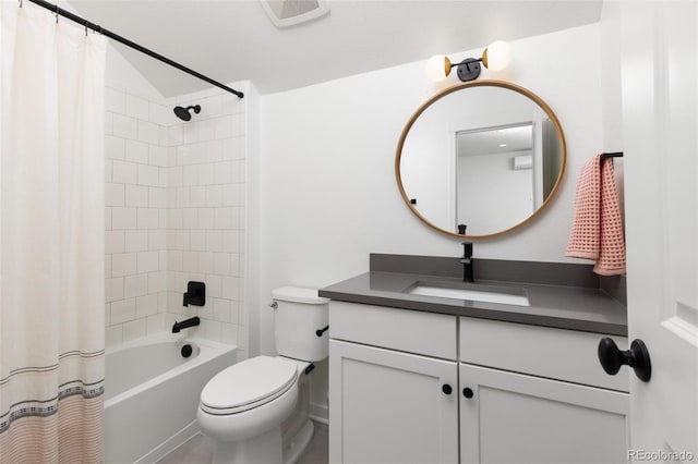 full bathroom featuring vanity, toilet, and shower / bathtub combination with curtain