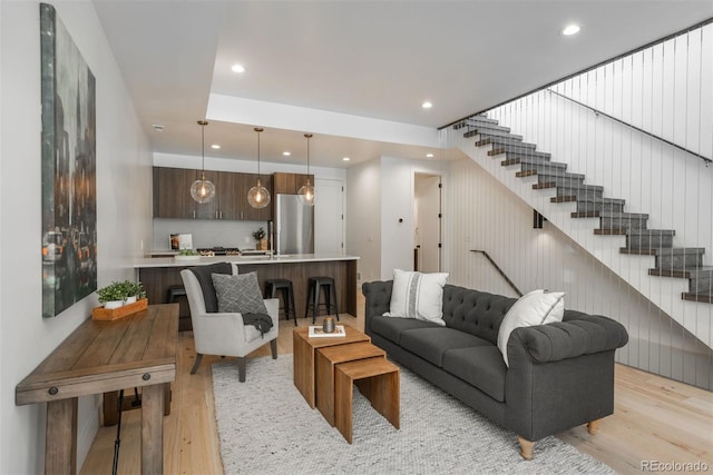 521 21st St, Golden, CO 80401 - living area featuring light wood-style floors, stairs, and recessed lighting