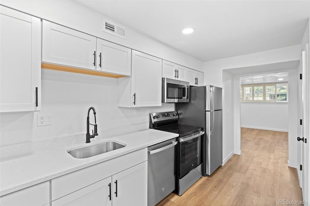 kitchen featuring appliances with stainless steel finishes, sink, light stone counters, light wood-type flooring, and white cabinetry