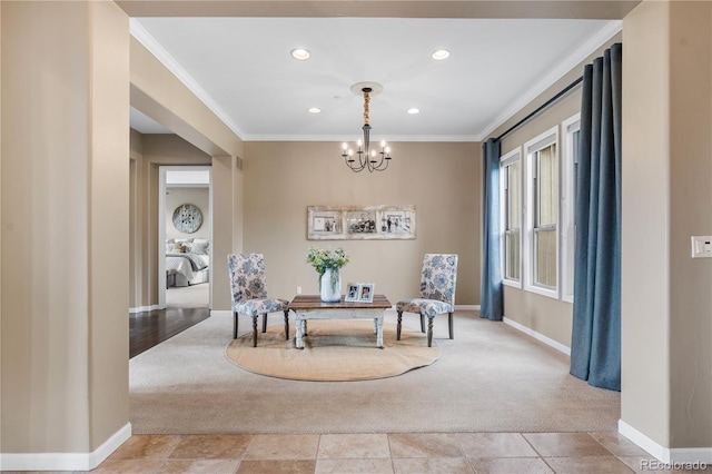 6303 Ellingwood Point Pl, Castle Rock, CO 80108 - dining space featuring light carpet, ornamental molding, a chandelier, and recessed lighting