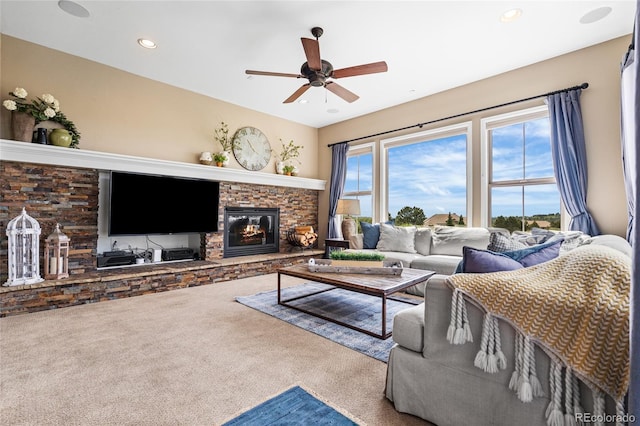 6303 Ellingwood Point Pl, Castle Rock, CO 80108 - living room featuring carpet flooring, a ceiling fan, a fireplace, and recessed lighting