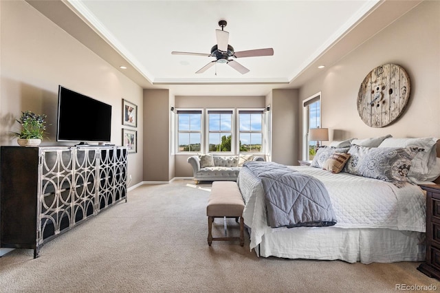 6303 Ellingwood Point Pl, Castle Rock, CO 80108 - carpeted bedroom with a raised ceiling and ceiling fan