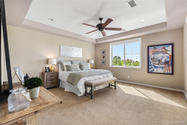 6303 Ellingwood Point Pl, Castle Rock, CO 80108 - carpeted bedroom featuring a raised ceiling, recessed lighting, and ceiling fan