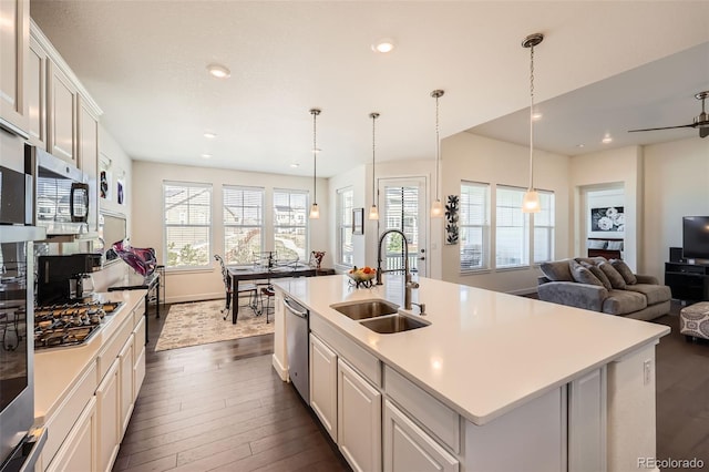 14521 Vancouver Pl, Parker, CO 80134 - kitchen with dark wood finished floors, appliances with stainless steel finishes, light countertops, a sink, and open floor plan