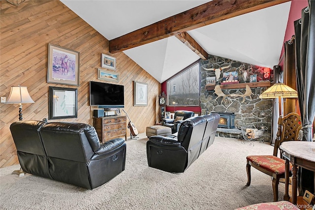 living room with carpet, vaulted ceiling with beams, and wooden walls