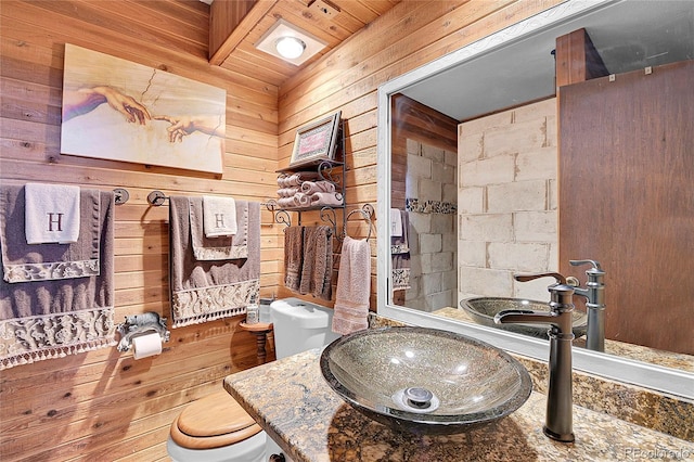 bathroom with vanity, wooden walls, and toilet