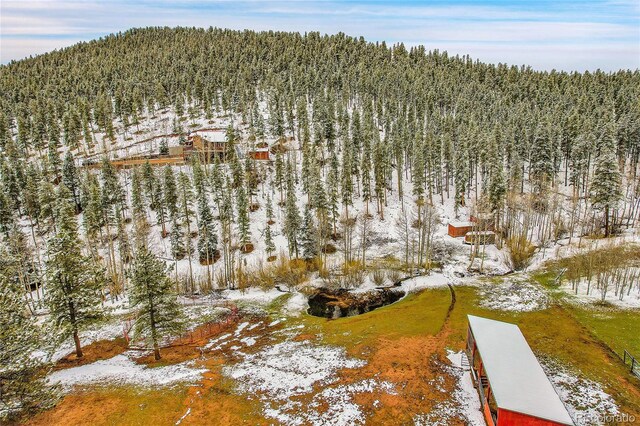 637 Rock Rd, Bailey, CO 80421 - snowy aerial view featuring a view of trees