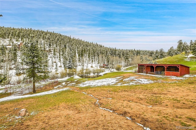 637 Rock Rd, Bailey, CO 80421 - snowy yard with an outbuilding, an exterior structure, and a wooded view
