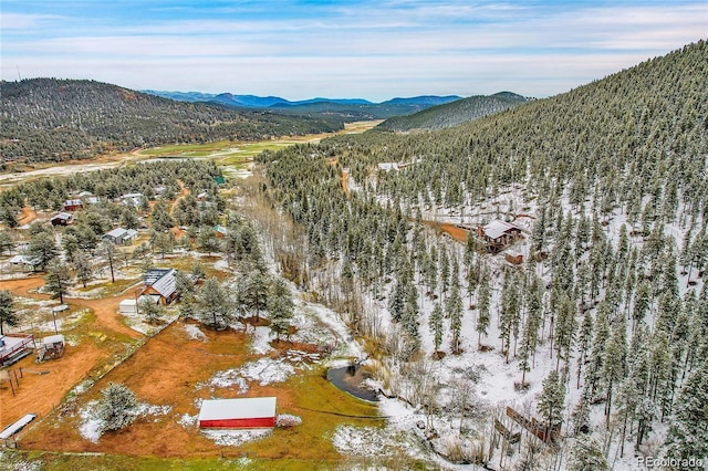 637 Rock Rd, Bailey, CO 80421 - snowy aerial view with a mountain view and a forest view