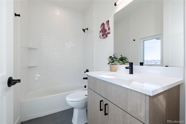 full bathroom featuring toilet, shower / washtub combination, vanity, and tile patterned flooring