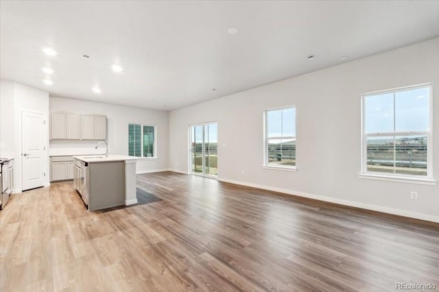 19019 E 94th Pl, Commerce City, CO 80022 - kitchen featuring a sink, a kitchen island with sink, light countertops, open floor plan, and light wood-type flooring