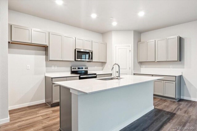 19019 E 94th Pl, Commerce City, CO 80022 - kitchen with appliances with stainless steel finishes, a sink, wood finished floors, a kitchen island with sink, and gray cabinetry