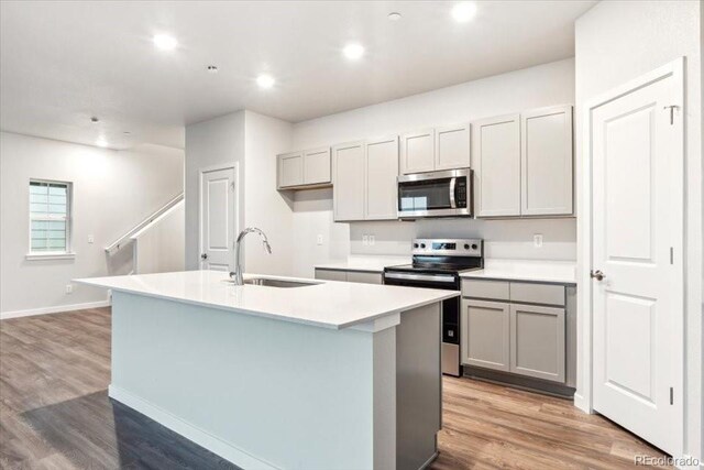 19019 E 94th Pl, Commerce City, CO 80022 - kitchen with appliances with stainless steel finishes, a sink, gray cabinets, light wood-style flooring, and a center island with sink
