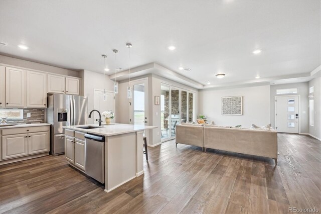 5142 N Quemoy Ct, Aurora, CO 80019 - kitchen with appliances with stainless steel finishes, a sink, open floor plan, an island with sink, and wood finished floors