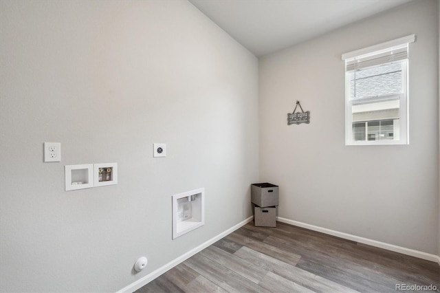 5142 N Quemoy Ct, Aurora, CO 80019 - laundry room with hookup for an electric dryer, wood finished floors, washer hookup, baseboards, and hookup for a gas dryer