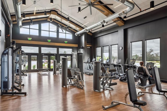 5142 N Quemoy Ct, Aurora, CO 80019 - gym featuring high vaulted ceiling, plenty of natural light, and wood finished floors