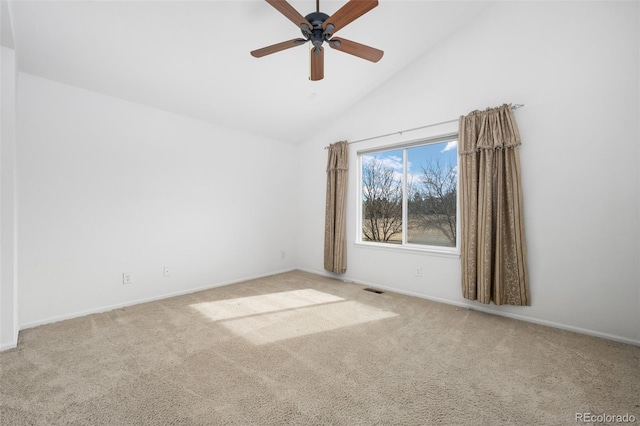 unfurnished room with ceiling fan, carpet flooring, visible vents, and high vaulted ceiling