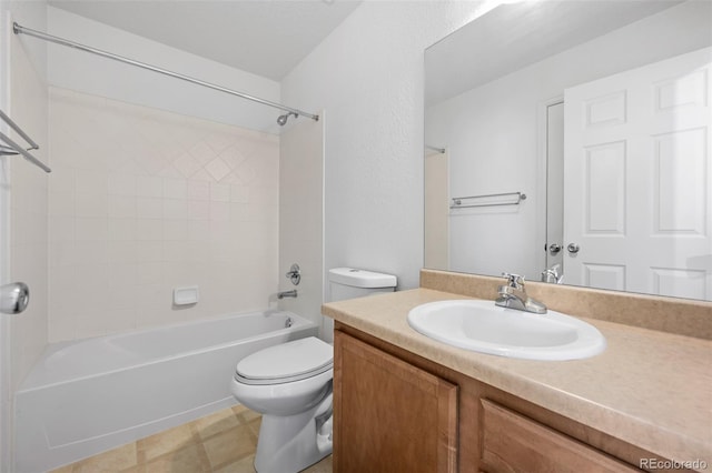 bathroom featuring toilet,  shower combination, and vanity