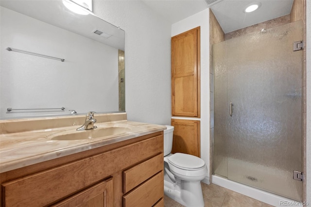 full bath with tile patterned flooring, visible vents, a stall shower, and toilet