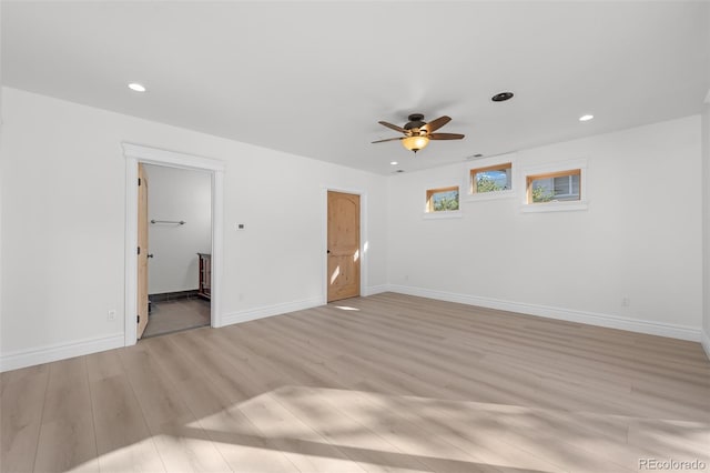 unfurnished bedroom with ceiling fan, recessed lighting, light wood-type flooring, and baseboards