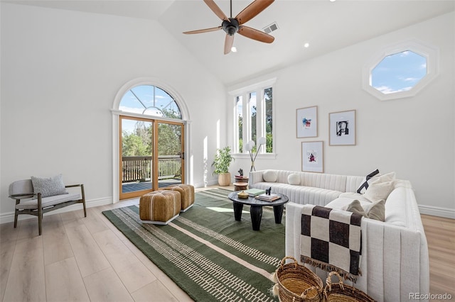 living area featuring high vaulted ceiling, a ceiling fan, visible vents, baseboards, and light wood finished floors