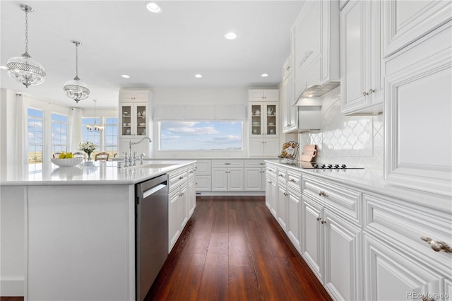 2490 Sagebrush St, Parker, CO 80138 - kitchen featuring dishwasher, a chandelier, black electric stovetop, glass insert cabinets, and light countertops