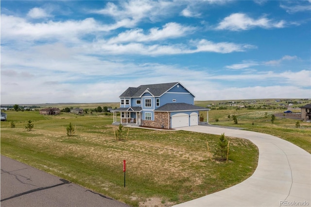 2490 Sagebrush St, Parker, CO 80138 - view of front of home featuring concrete driveway, a porch, a front lawn, a garage, and brick siding
