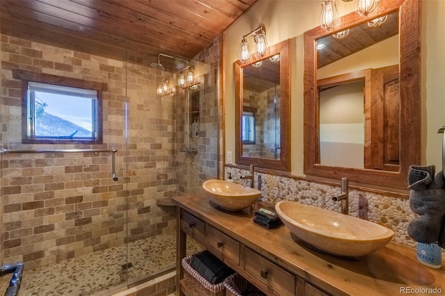 bathroom with wooden ceiling, walk in shower, vaulted ceiling, decorative backsplash, and vanity