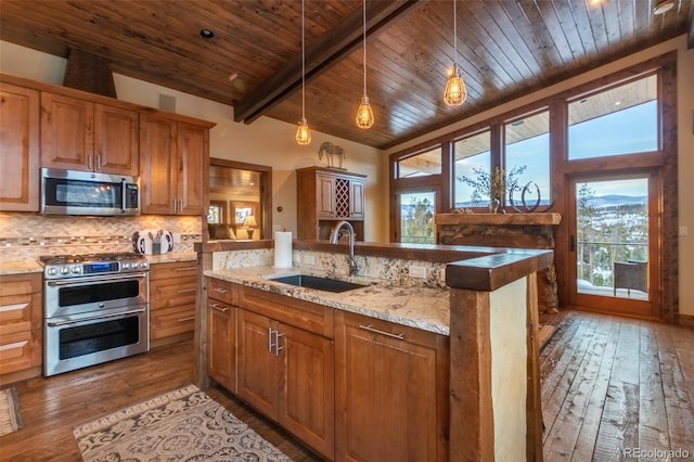 kitchen with stainless steel appliances, sink, wood-type flooring, wooden ceiling, and hanging light fixtures