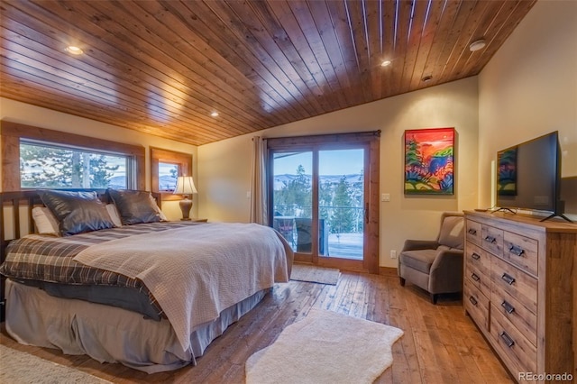 bedroom featuring access to exterior, light wood-type flooring, wood ceiling, and vaulted ceiling