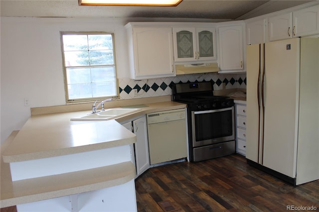 1692 US Highway 24, Leadville, CO 80461 - kitchen with white appliances, under cabinet range hood, a sink, white cabinets, and a peninsula