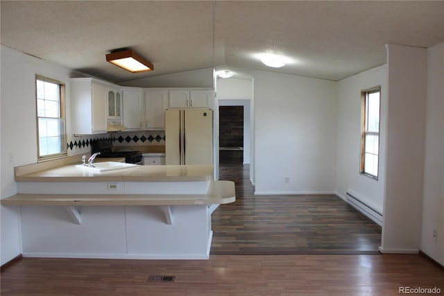 1692 US Highway 24, Leadville, CO 80461 - kitchen featuring a baseboard heating unit, freestanding refrigerator, black gas range, backsplash, and a peninsula