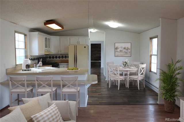 1692 US Highway 24, Leadville, CO 80461 - kitchen with freestanding refrigerator, a sink, lofted ceiling, dark wood-style floors, and a peninsula