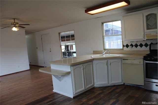 1692 US Highway 24, Leadville, CO 80461 - kitchen with a sink, stainless steel gas stove, white dishwasher, a peninsula, and dark wood-type flooring