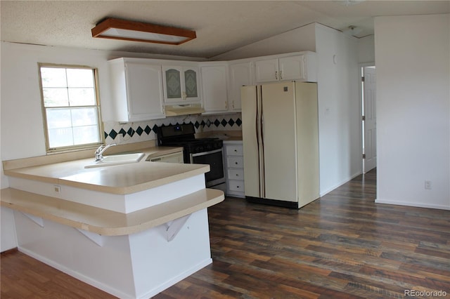 1692 US Highway 24, Leadville, CO 80461 - kitchen featuring freestanding refrigerator, stove, a sink, under cabinet range hood, and a peninsula