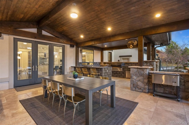 exterior space featuring french doors, recessed lighting, wooden ceiling, and lofted ceiling with beams