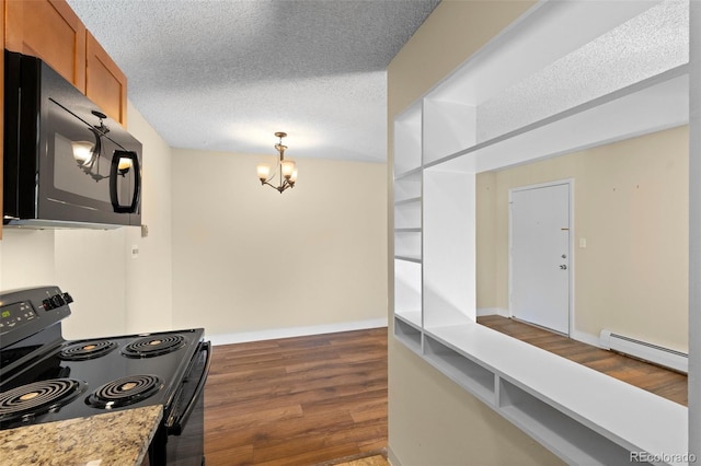 kitchen with a textured ceiling, a baseboard radiator, dark hardwood / wood-style floors, a notable chandelier, and black appliances