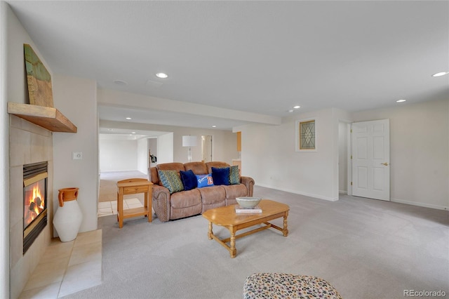 20591 E Weaver Ave, Aurora, CO 80016 - living room with recessed lighting, light colored carpet, and a fireplace