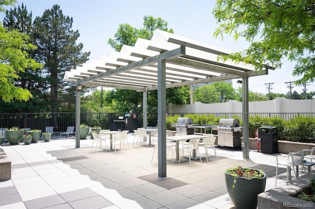 3100 E Cherry Creek S Drive 1403, Denver, CO 80209 - view of patio with outdoor dining area, a pergola, and exterior kitchen