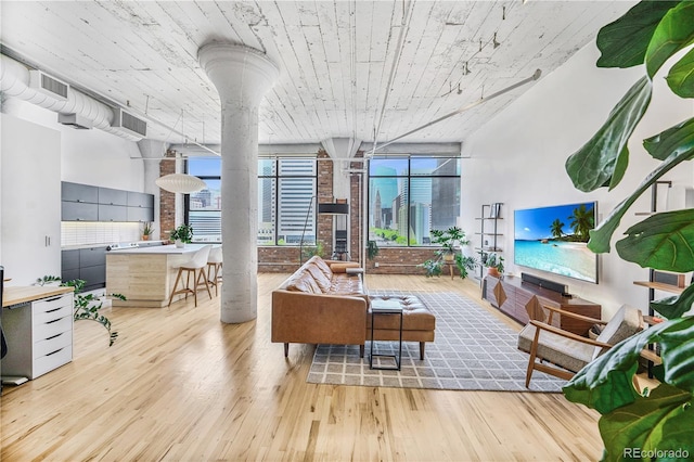 2000 Arapahoe St Unit 503, Denver, CO 80205 - living room featuring light wood-style flooring, a wall of windows, and ornate columns