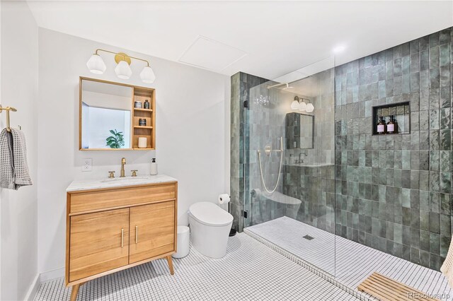 2000 Arapahoe St Unit 503, Denver, CO 80205 - full bathroom featuring toilet, vanity, walk in shower, and tile patterned flooring